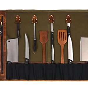 Leather Canvas Knife Roll Storage Bag Expandable 10 Pockets Detachable Shoulder Strap Travel-Friendly Chef Knife Case Roll By Aaron Leather Goods (Louisville, Canvas Leather)