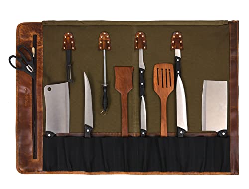 Leather Canvas Knife Roll Storage Bag Expandable 10 Pockets Detachable Shoulder Strap Travel-Friendly Chef Knife Case Roll By Aaron Leather Goods (Louisville, Canvas Leather)