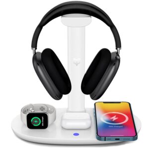 headphone stand with 4 in 1 wireless charger -headset holder & station dock for apple watch, airpods max/pro/2/ iphone 13/12/11, lg, samsung galaxy, huawei phone, and all headphones size (white)