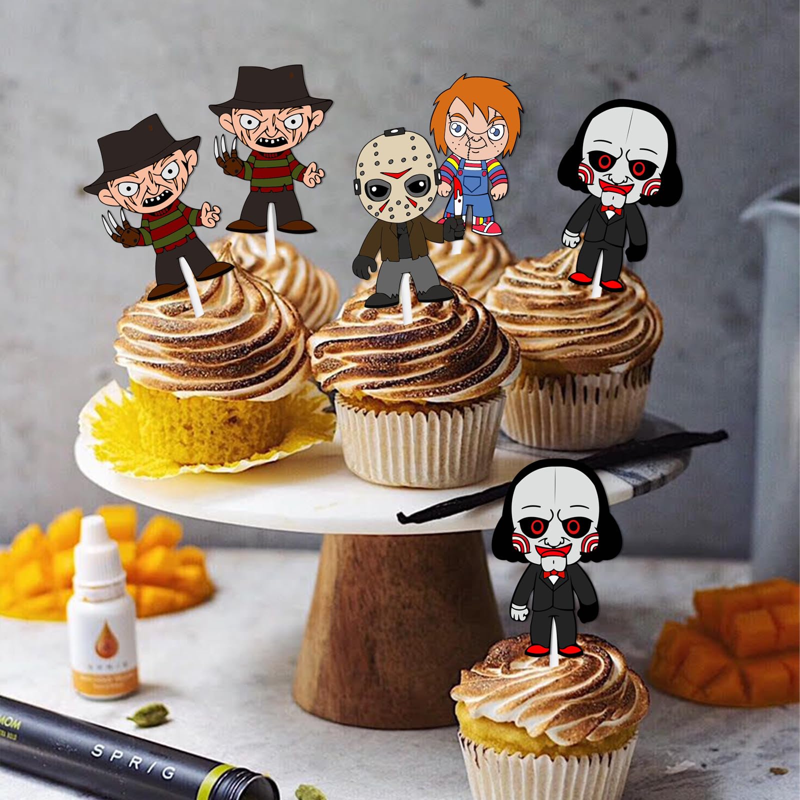 18pcs Glitter Fantasy Horror Manga Dessert Cupcake Topper Halloween Ghost Theme Decor Supplies Boys Girls Happy Birthday Party Decorations