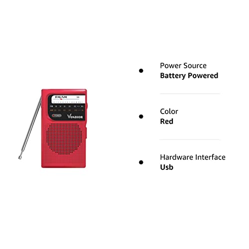 AM FM Battery Operated Portable Pocket Radio - Best Reception and Longest Lasting. AM FM Compact Transistor Radios Player Operated by 2 AA Battery, Mono Headphone Socket, by Vondior (Red)