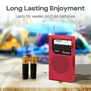 AM FM Battery Operated Portable Pocket Radio - Best Reception and Longest Lasting. AM FM Compact Transistor Radios Player Operated by 2 AA Battery, Mono Headphone Socket, by Vondior (Red)