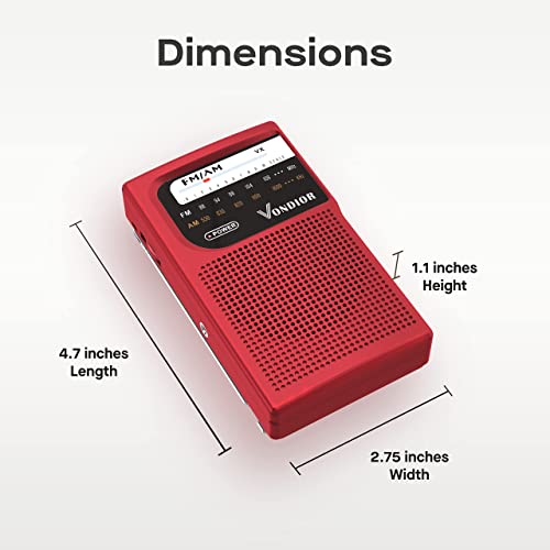 AM FM Battery Operated Portable Pocket Radio - Best Reception and Longest Lasting. AM FM Compact Transistor Radios Player Operated by 2 AA Battery, Mono Headphone Socket, by Vondior (Red)