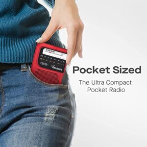 AM FM Battery Operated Portable Pocket Radio - Best Reception and Longest Lasting. AM FM Compact Transistor Radios Player Operated by 2 AA Battery, Mono Headphone Socket, by Vondior (Red)