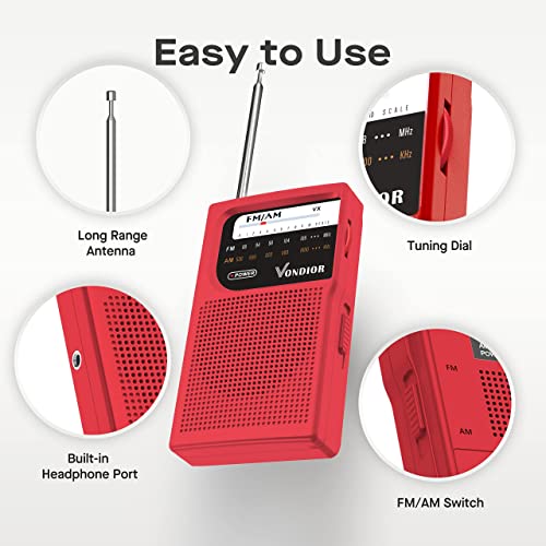 AM FM Battery Operated Portable Pocket Radio - Best Reception and Longest Lasting. AM FM Compact Transistor Radios Player Operated by 2 AA Battery, Mono Headphone Socket, by Vondior (Red)