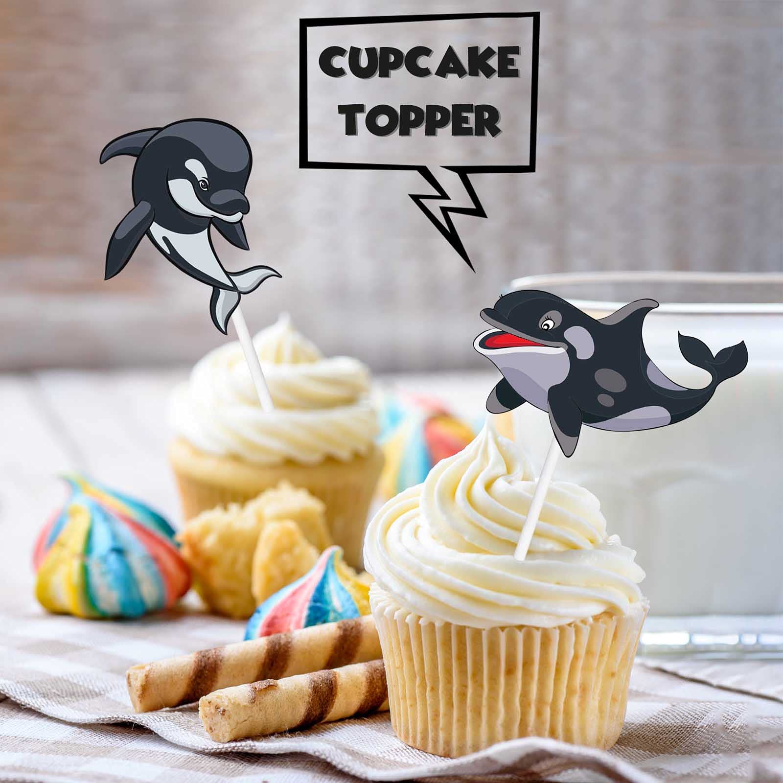 18pcs Black Glitter Dessert Cupcake Nautical Ocean Killer Whale Sea Creature Theme Decor Supplies Baby Shower Boys Girls Happy Birthday Party Decorations