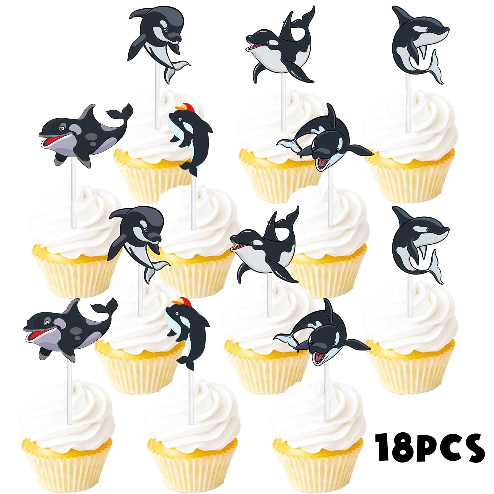 18pcs Black Glitter Dessert Cupcake Nautical Ocean Killer Whale Sea Creature Theme Decor Supplies Baby Shower Boys Girls Happy Birthday Party Decorations