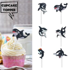 18pcs Black Glitter Dessert Cupcake Nautical Ocean Killer Whale Sea Creature Theme Decor Supplies Baby Shower Boys Girls Happy Birthday Party Decorations