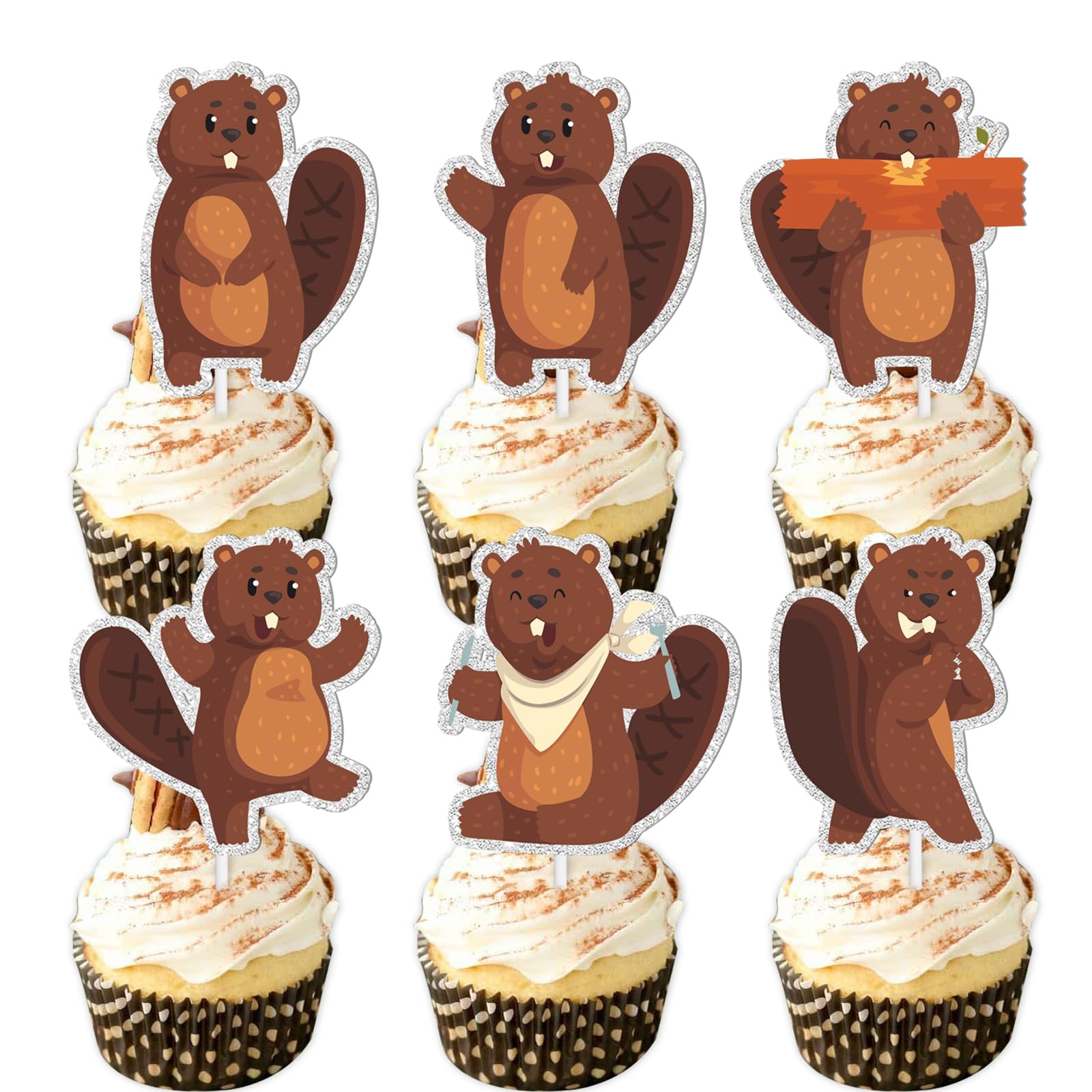 18pcs Brown Glitter Cartoon Beaver Dessert Cupcake Topper Baby Shower Theme Decor Supplies Boys Girls Happy Birthday Party Decorations