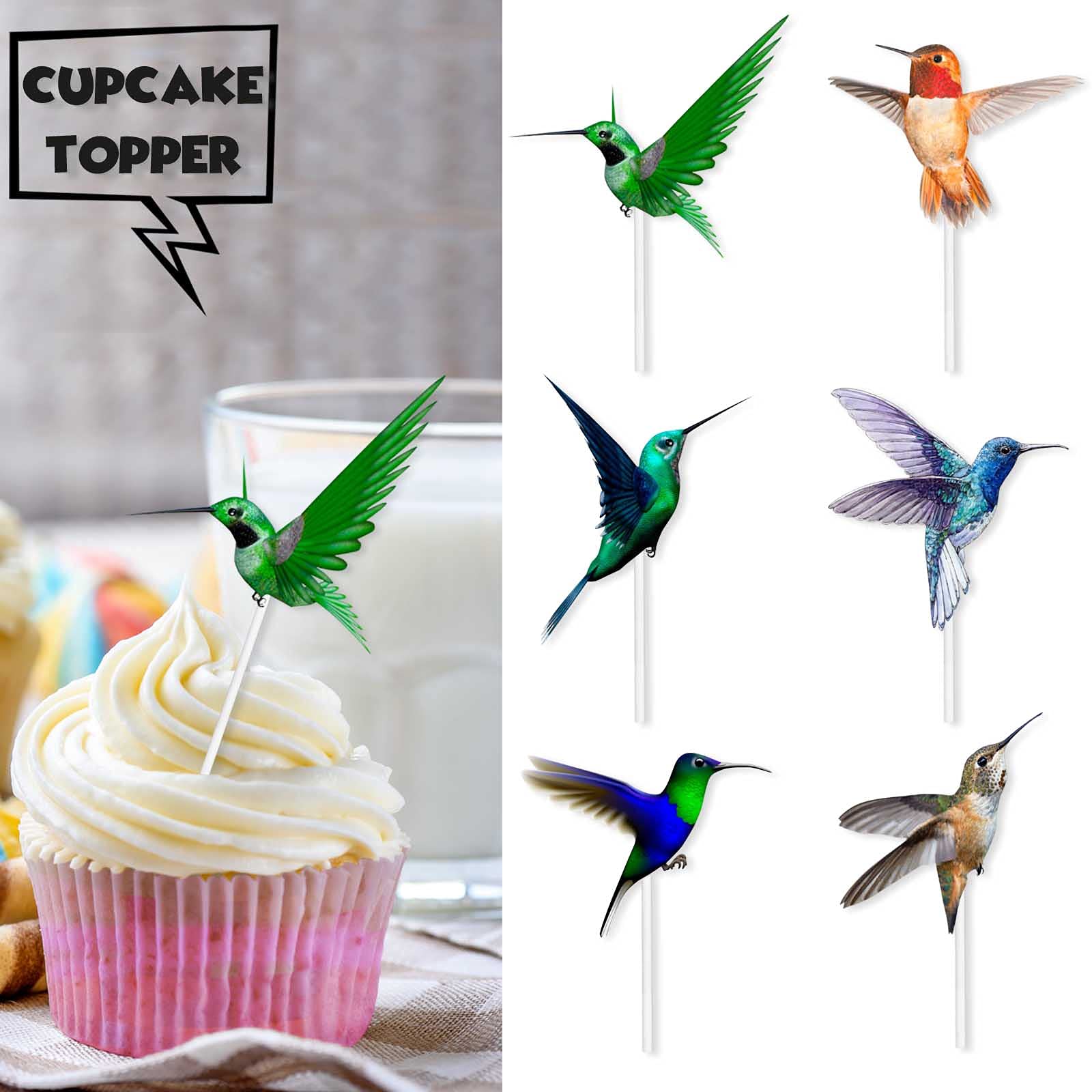 18pcs Glitter Dessert Cupcake Topper Hummingbird Green Flying Bird Nature Theme Decor Supplies Boys Girls Woman Lady Happy Birthday Party Decorations