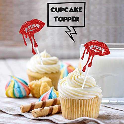 18pcs Red Glitter Halloween Have a Bite Dessert Cupcake Topper Zombie Vampire Fantasy Horror Theme Decor Supplies Boy Girl Man Woman Happy Birthday Party Decorations