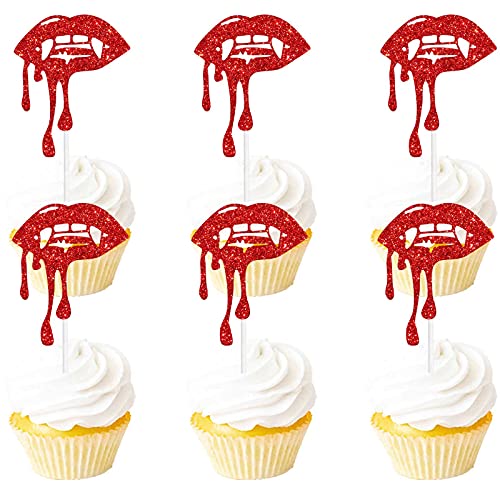 18pcs Red Glitter Halloween Have a Bite Dessert Cupcake Topper Zombie Vampire Fantasy Horror Theme Decor Supplies Boy Girl Man Woman Happy Birthday Party Decorations