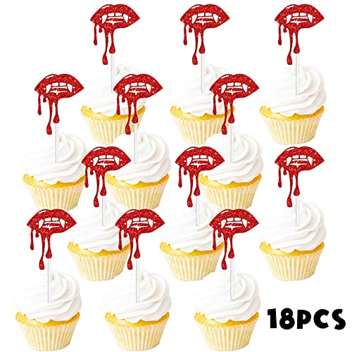 18pcs Red Glitter Halloween Have a Bite Dessert Cupcake Topper Zombie Vampire Fantasy Horror Theme Decor Supplies Boy Girl Man Woman Happy Birthday Party Decorations