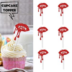 18pcs Red Glitter Halloween Have a Bite Dessert Cupcake Topper Zombie Vampire Fantasy Horror Theme Decor Supplies Boy Girl Man Woman Happy Birthday Party Decorations