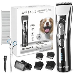 l&w bros. dog clippers for grooming with heavy duty motor 2 speeds low noise trimmer wireless rechargeable dog shaver professional pet grooming kit for dogs and cats thick hair