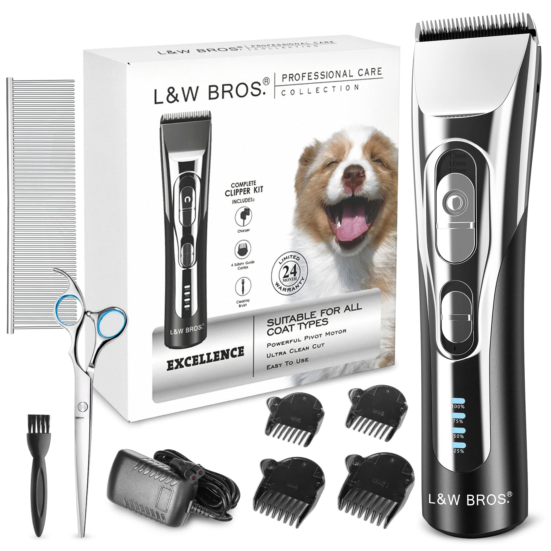 L&W BROS. Dog Clippers for Grooming with Heavy Duty Motor 2 Speeds Low Noise Trimmer Wireless Rechargeable Dog Shaver Professional Pet Grooming Kit for Dogs and Cats Thick Hair