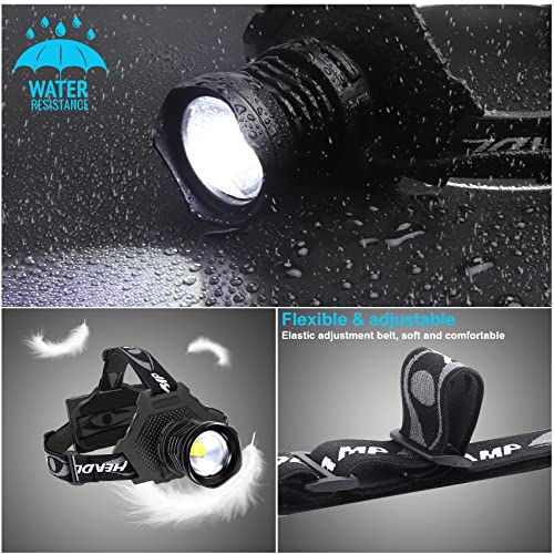 Bud K LED Headlamp USB Rechargeable, Head Lamp XHP70 Super Bright 90000 High Lumen with 5 Modes, Batteries Included, Zoomable, Waterproof Headlight for Camping Hunting Running Fishing Biking