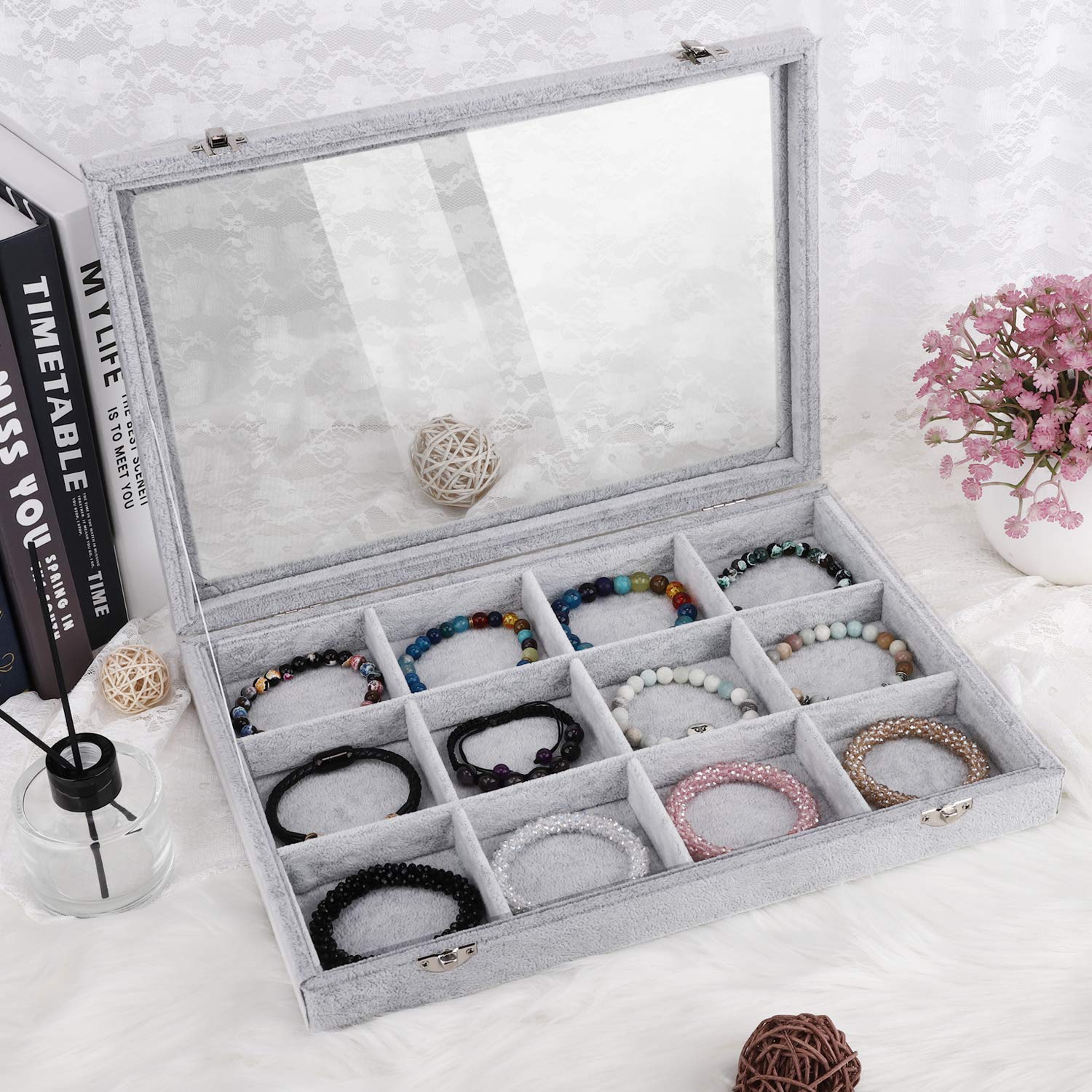 Emibele Clear Lid 12 Grids Bracelet Storage Box and Heat Initial Bracelets Bundle