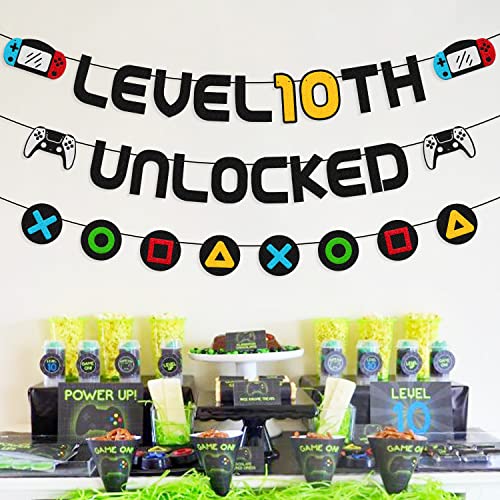 Happy 10th Birthday Banner Level 10s Unlocked Decoration Video Game Controller Level Up Theme Bday Decor for Boys Girls Children Kids Tenth Birth Anniversary Event Supplies