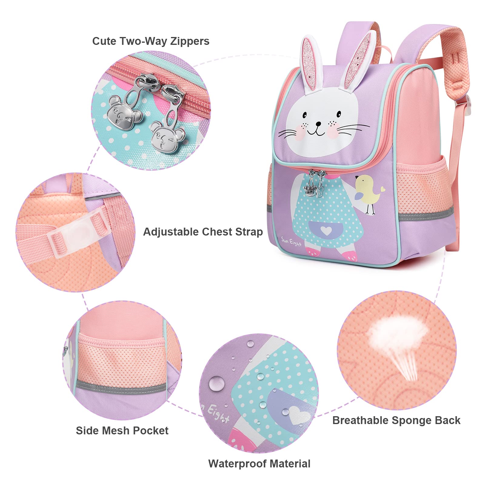 SUN EIGHT Toddler Backpack for Girls Lunch backpack Cute 3D Animal Waterproof Schoolbag School Bag for Baby Girl Boy 2-5 Years（Rabbit）