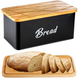 lyellfe farmhouse metal bread box, black bread storage container with cutting board lid, vintage retro bread keeper bin for homemade bread, kitchen countertop, pantry, freezer, keep fresh