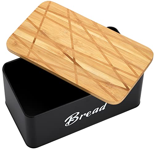 Lyellfe Farmhouse Metal Bread Box, Black Bread Storage Container with Cutting Board Lid, Vintage Retro Bread Keeper Bin for Homemade Bread, Kitchen Countertop, Pantry, Freezer, Keep Fresh