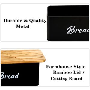 Lyellfe Farmhouse Metal Bread Box, Black Bread Storage Container with Cutting Board Lid, Vintage Retro Bread Keeper Bin for Homemade Bread, Kitchen Countertop, Pantry, Freezer, Keep Fresh