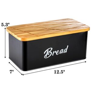 Lyellfe Farmhouse Metal Bread Box, Black Bread Storage Container with Cutting Board Lid, Vintage Retro Bread Keeper Bin for Homemade Bread, Kitchen Countertop, Pantry, Freezer, Keep Fresh