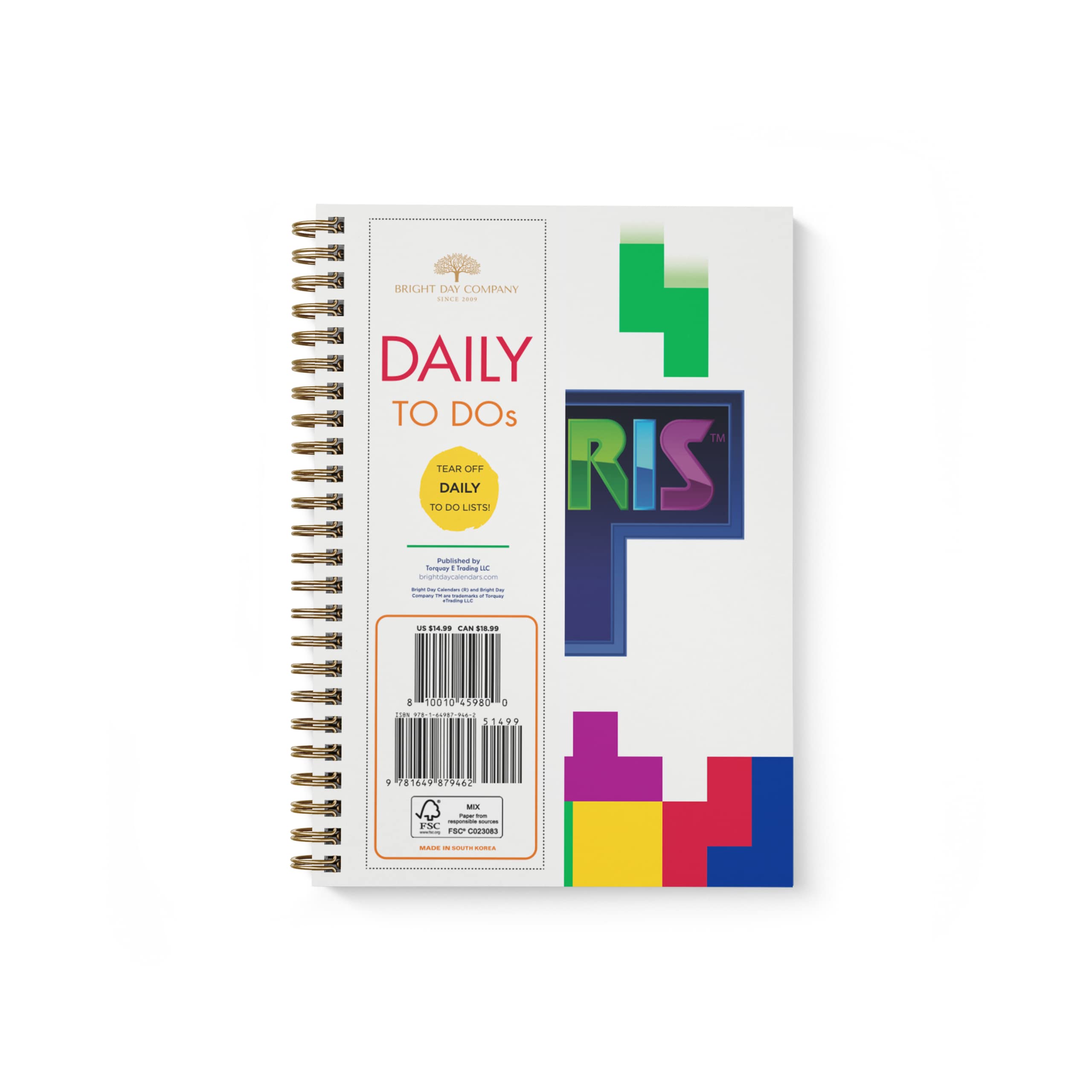 Tetris To Do List Daily Task Checklist Planner Time Management Notebook by Bright Day Non Dated Flex Cover Spiral Organizer 8.25 x 6.25