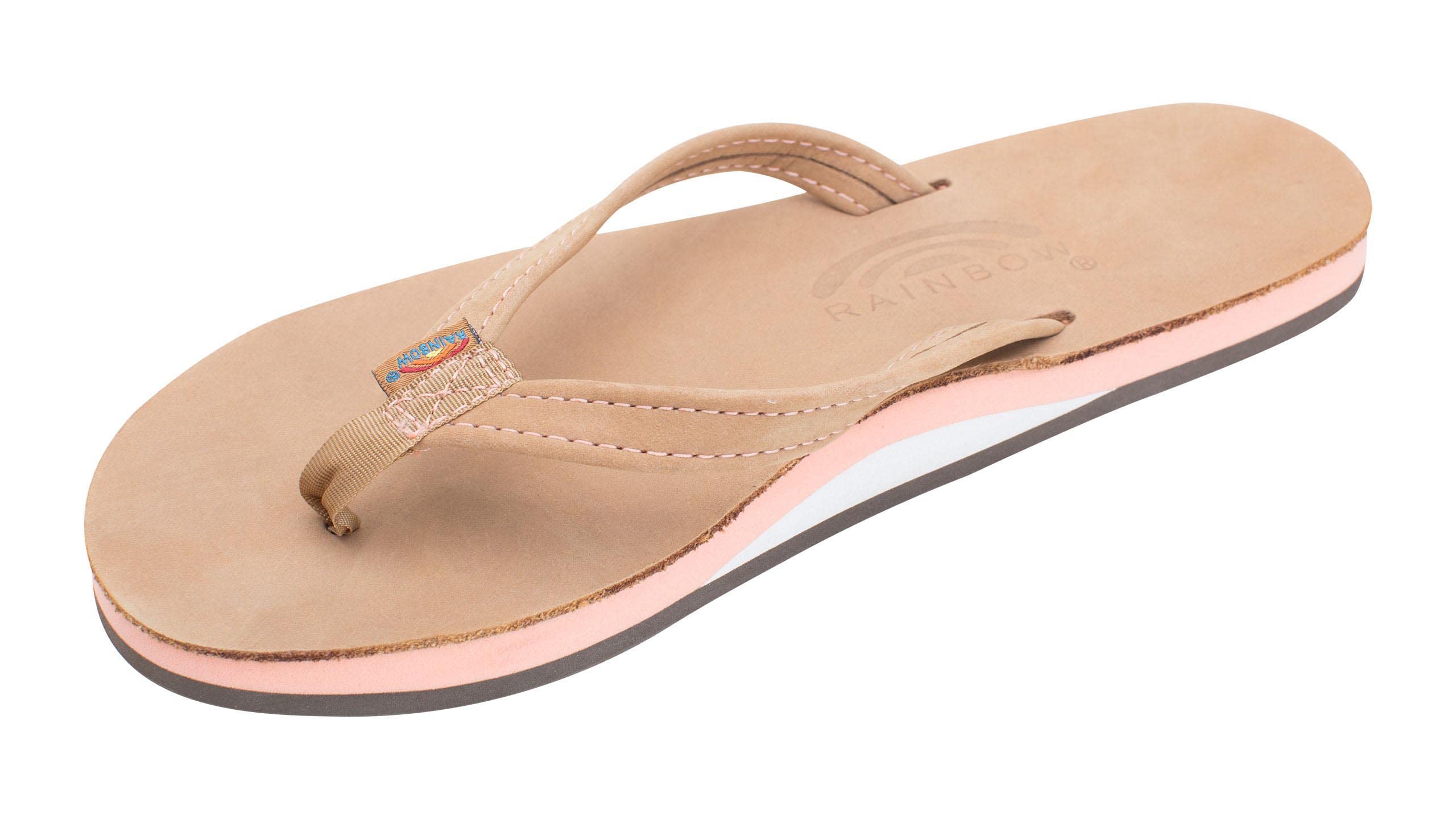 Rainbow Sandals Women's Single Layer Premier Leather w/Melon Midsole/Narrow Strap Sandal, Sierra Brown/Melon, Ladies Large / 7.5-8.5 B(M) US