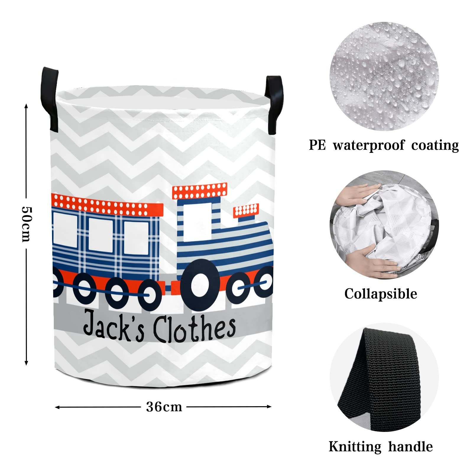 Chevron Train Personalized Freestanding Laundry Hamper, Custom Waterproof Collapsible Drawstring Basket Storage Bins with Handle for Clothes