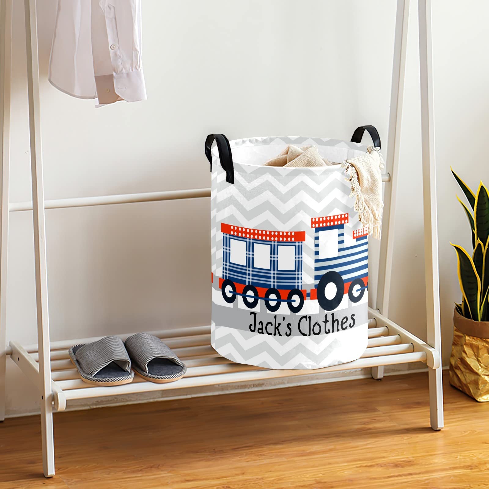 Chevron Train Personalized Freestanding Laundry Hamper, Custom Waterproof Collapsible Drawstring Basket Storage Bins with Handle for Clothes