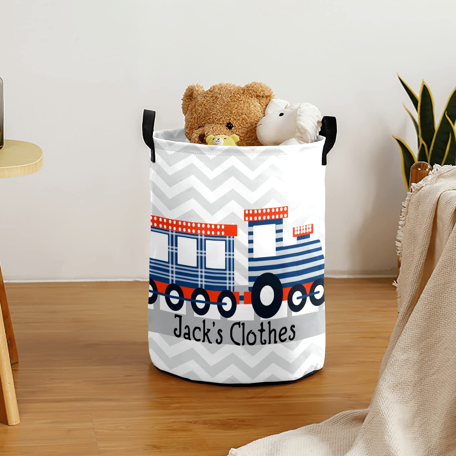 Chevron Train Personalized Freestanding Laundry Hamper, Custom Waterproof Collapsible Drawstring Basket Storage Bins with Handle for Clothes