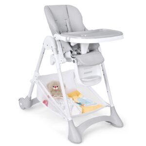honey joy baby high chair, foldable highchair for babies and toddlers, detachable trays & pu leather seat cushion, 4 wheels with locks (gray)