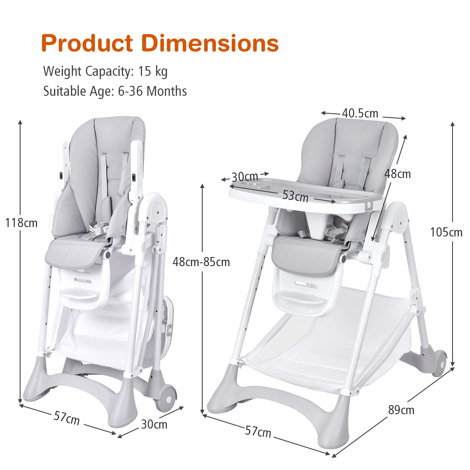 HONEY JOY Baby High Chair, Foldable Highchair for Babies and Toddlers, Detachable Trays & PU Leather Seat Cushion, 4 Wheels with Locks (Gray)