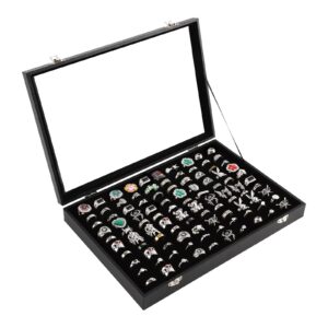 pengup 100 slots ring case organizer display box,rings holder storage boxes for jewelry showcase with glass lid (black velvet).