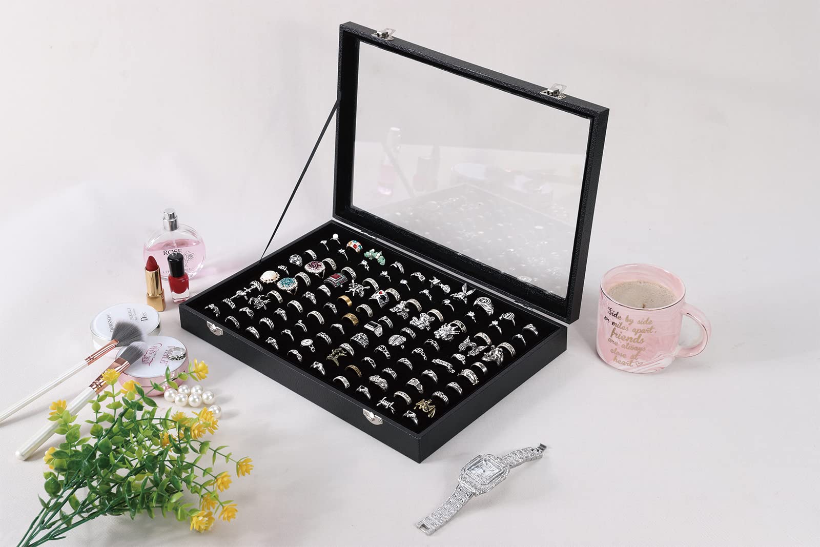 Pengup 100 Slots Ring Case Organizer Display Box,Rings Holder Storage Boxes for Jewelry Showcase with Glass Lid (Black Velvet).