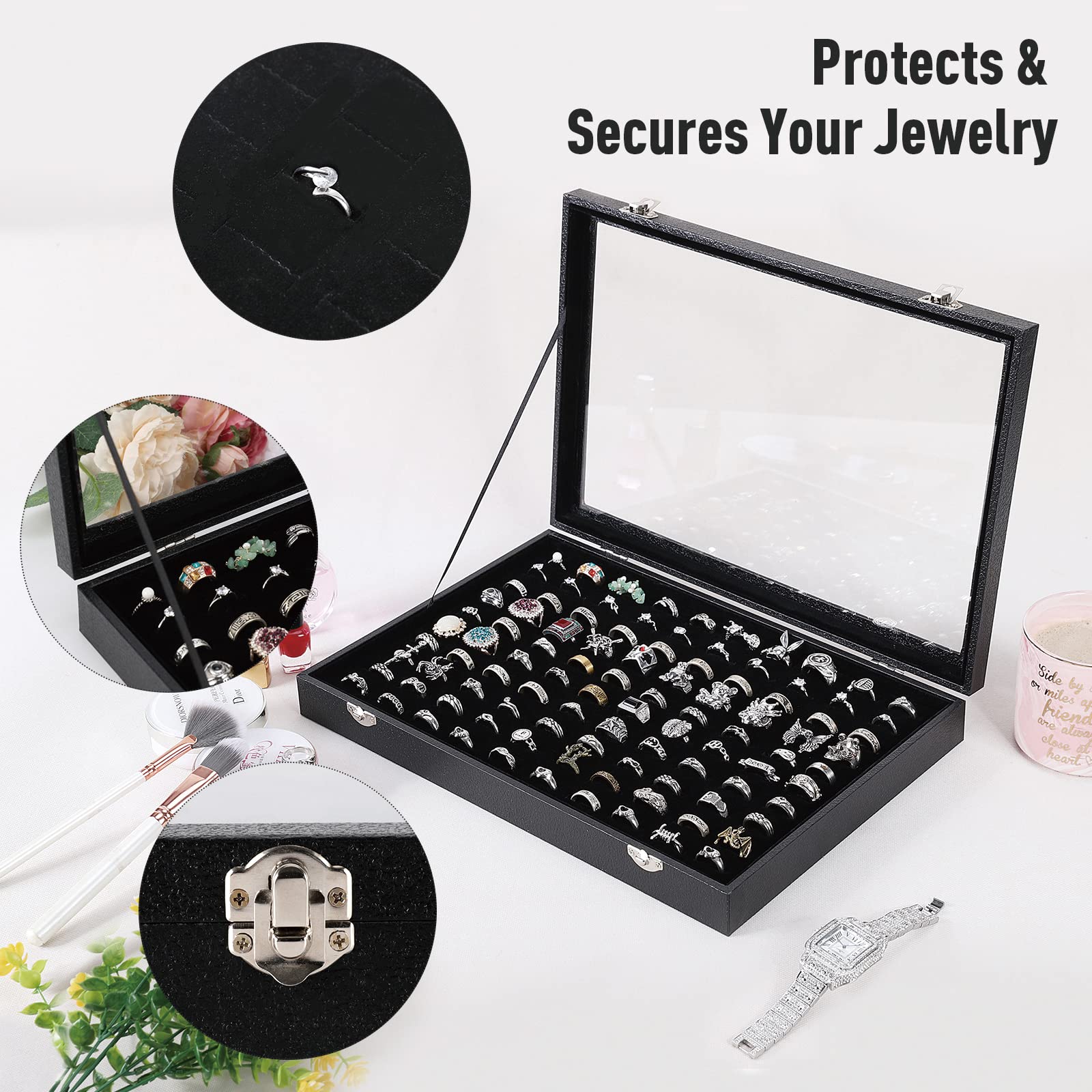 Pengup 100 Slots Ring Case Organizer Display Box,Rings Holder Storage Boxes for Jewelry Showcase with Glass Lid (Black Velvet).