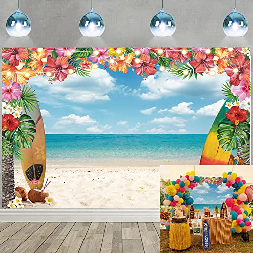 Summer Hawaii Beach Backdrop 7x5FT Aloha Tropical Palm Flower Blue Sky Ocean Surfboard Hawaiian Photography Background Baby Shower Birthday Party Decor Luau Photoshoot Tiki Photo Booth Props