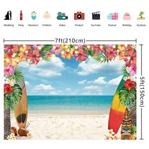 Summer Hawaii Beach Backdrop 7x5FT Aloha Tropical Palm Flower Blue Sky Ocean Surfboard Hawaiian Photography Background Baby Shower Birthday Party Decor Luau Photoshoot Tiki Photo Booth Props