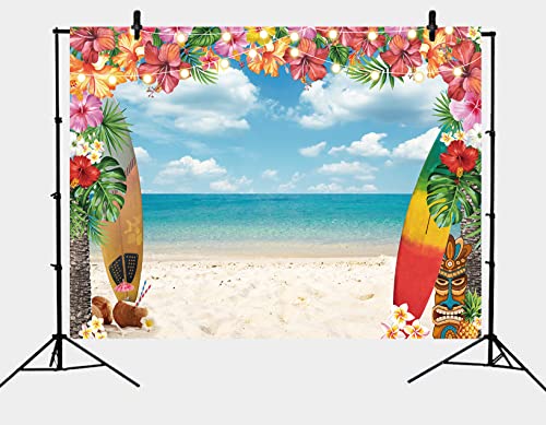 Summer Hawaii Beach Backdrop 7x5FT Aloha Tropical Palm Flower Blue Sky Ocean Surfboard Hawaiian Photography Background Baby Shower Birthday Party Decor Luau Photoshoot Tiki Photo Booth Props