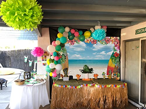 Summer Hawaii Beach Backdrop 7x5FT Aloha Tropical Palm Flower Blue Sky Ocean Surfboard Hawaiian Photography Background Baby Shower Birthday Party Decor Luau Photoshoot Tiki Photo Booth Props