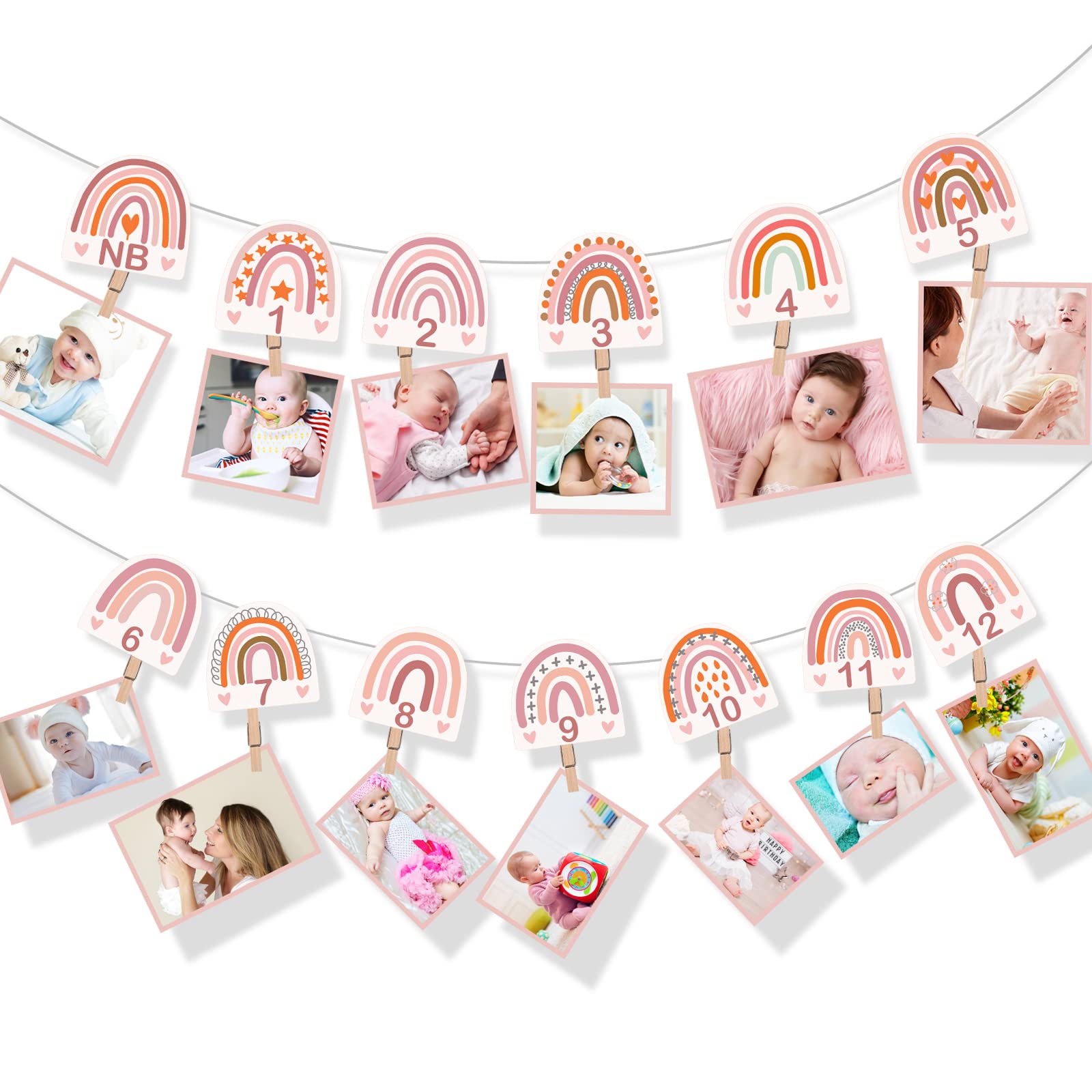 13 Pcs Rainbow First Birthday Photo Supplies Rainbow Baby Monthly Milestone Photo Banner Pink Garland from Newborn to 12 Months for Boho Birthday Party Supplies Photo Booth Props Decor