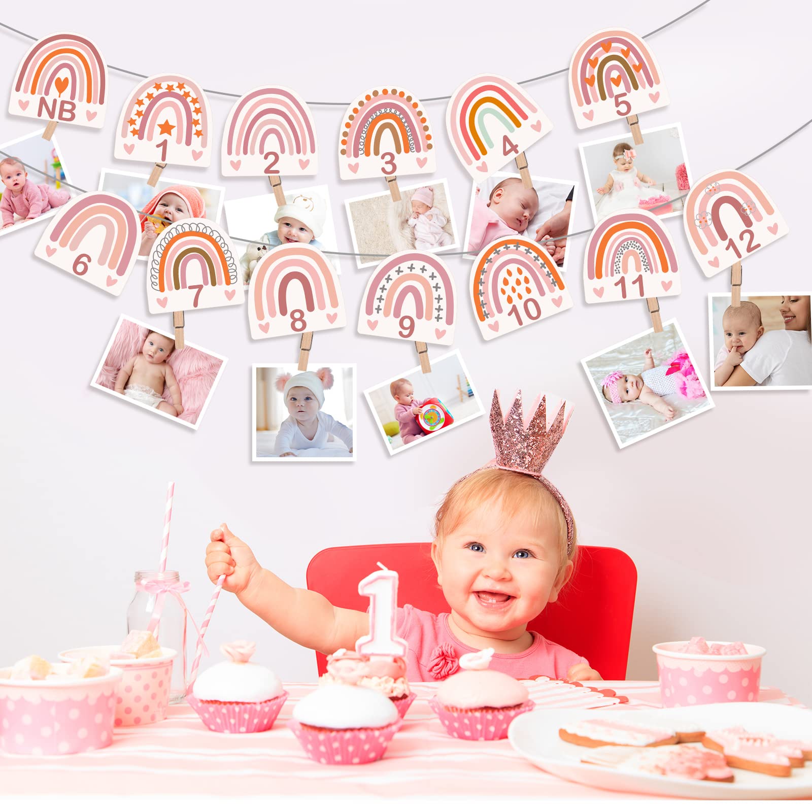 13 Pcs Rainbow First Birthday Photo Supplies Rainbow Baby Monthly Milestone Photo Banner Pink Garland from Newborn to 12 Months for Boho Birthday Party Supplies Photo Booth Props Decor