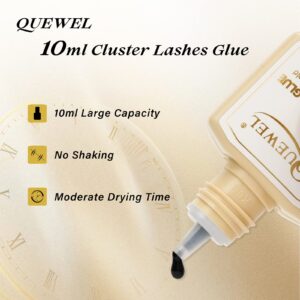 QUEWEL Lash Clusters Glue 10ml Cluster Lashes Glue Black DIY Lash Extensions Glue for Individual Lashes Long-Lasting Eyelash Glue No Irritation, Large Capacity No Shaking(Black-10ml)