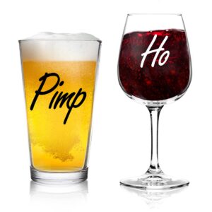 du vino pimp & ho- beer and wine glass gift set of 2 | fun novelty his and hers or husband wife drinkware | couple, newlywed | wedding or favorite couples gag gift | usa made