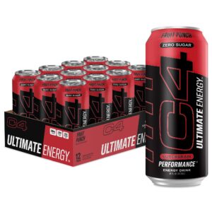 c4 ultimate | 300mg caffeine sugar free energy drink | fruit punch | pre workout performance drink | 16oz (pack of 12)