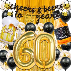 60th birthday decorations for men, happy 60th birthday decorations with 40 inch gold 60 number balloons, birthday banner, latex balloon, fringe curtains and foil balloons