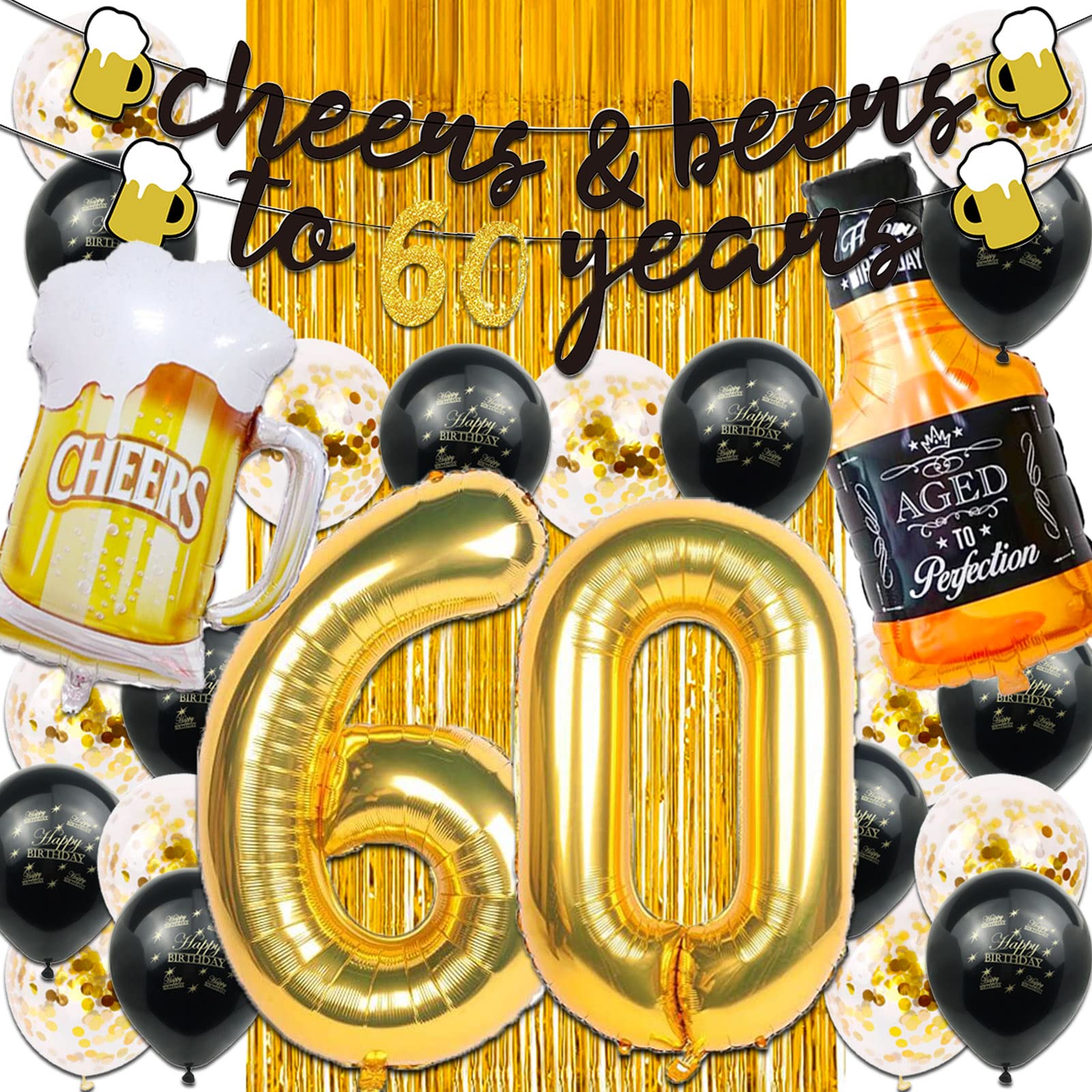 60th Birthday Decorations for Men, Happy 60th Birthday Decorations with 40 Inch Gold 60 Number Balloons, Birthday Banner, Latex Balloon, Fringe Curtains and Foil Balloons