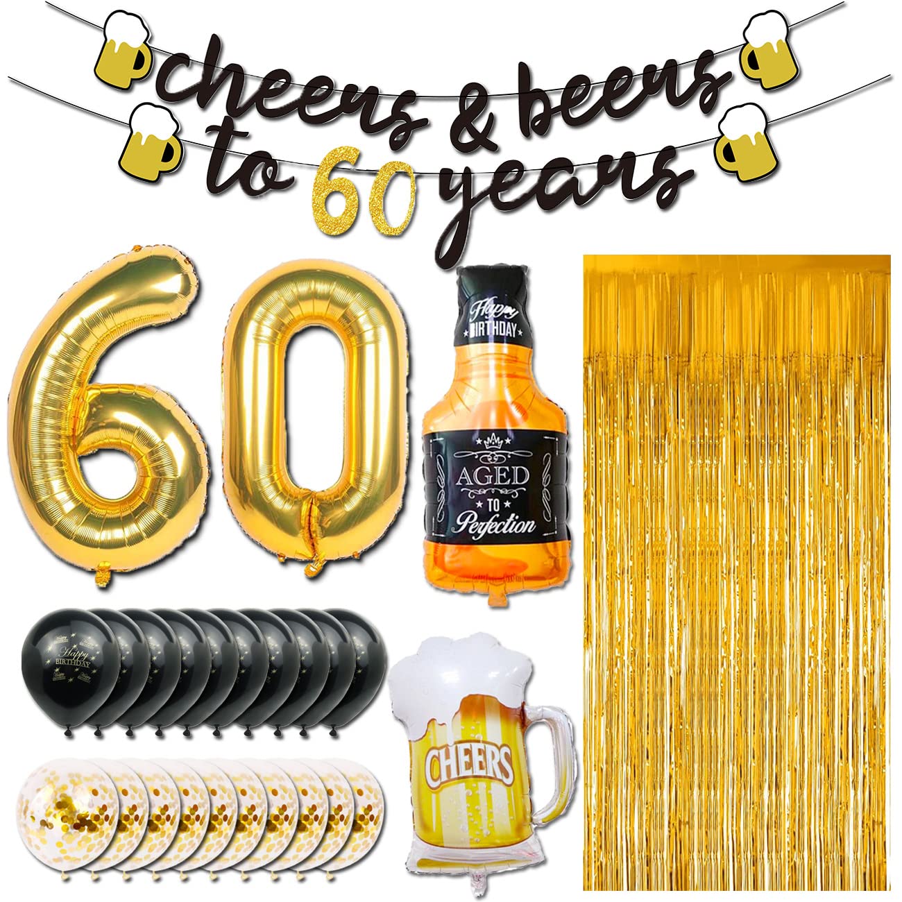 60th Birthday Decorations for Men, Happy 60th Birthday Decorations with 40 Inch Gold 60 Number Balloons, Birthday Banner, Latex Balloon, Fringe Curtains and Foil Balloons